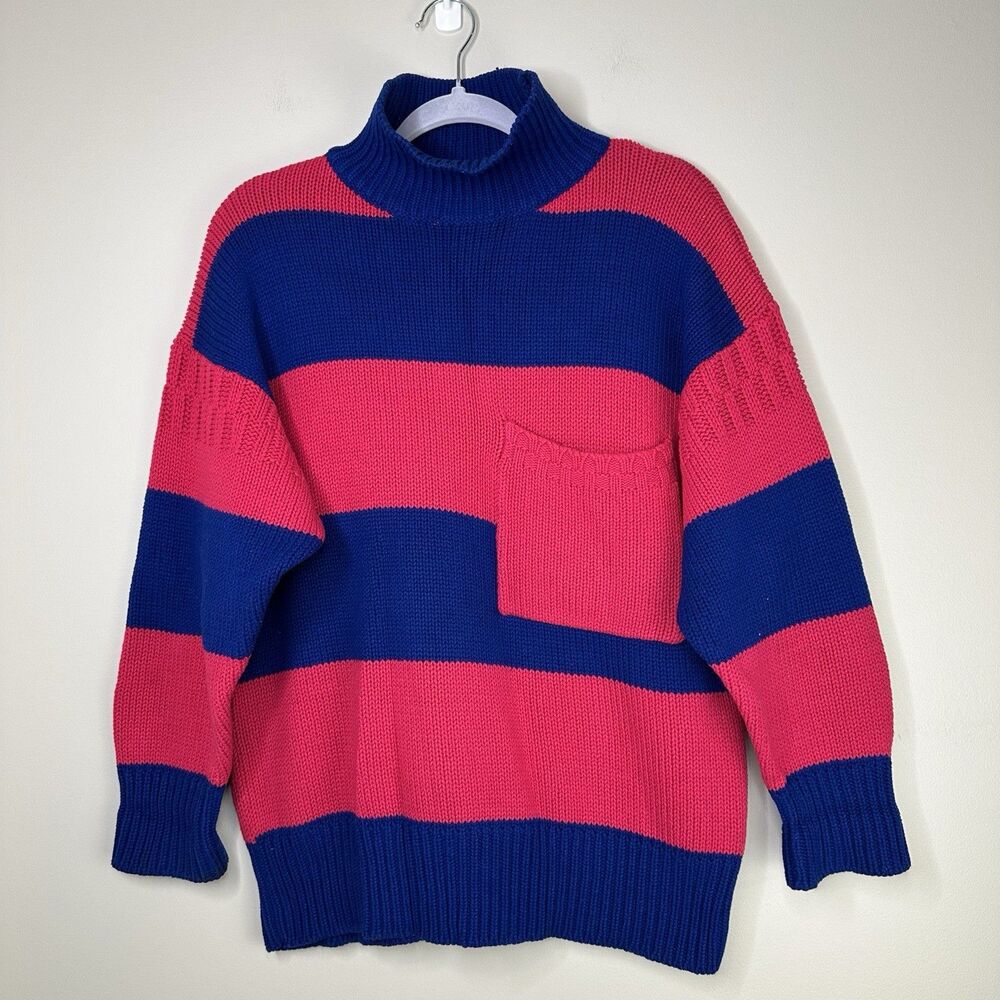 Vintage 80s Sam & Max Sweater Size Medium Knit Pink Blue Color Block Retro Bold